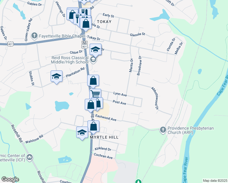 map of restaurants, bars, coffee shops, grocery stores, and more near 207 Lynn Avenue in Fayetteville