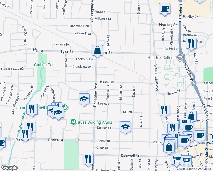 map of restaurants, bars, coffee shops, grocery stores, and more near 2020 Independence Street in Conway