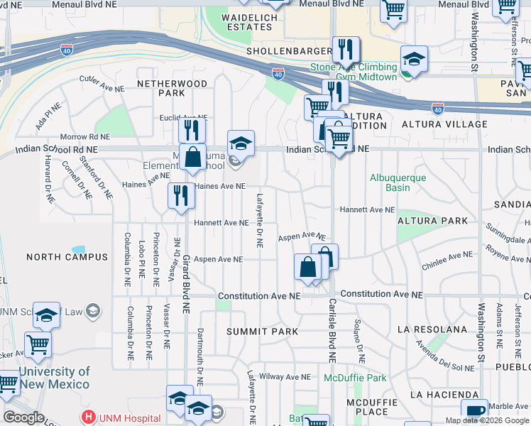 map of restaurants, bars, coffee shops, grocery stores, and more near 1501 Wellesley Drive Northeast in Albuquerque