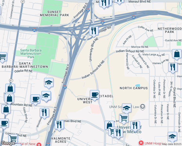 map of restaurants, bars, coffee shops, grocery stores, and more near 1425 University Boulevard Northeast in Albuquerque