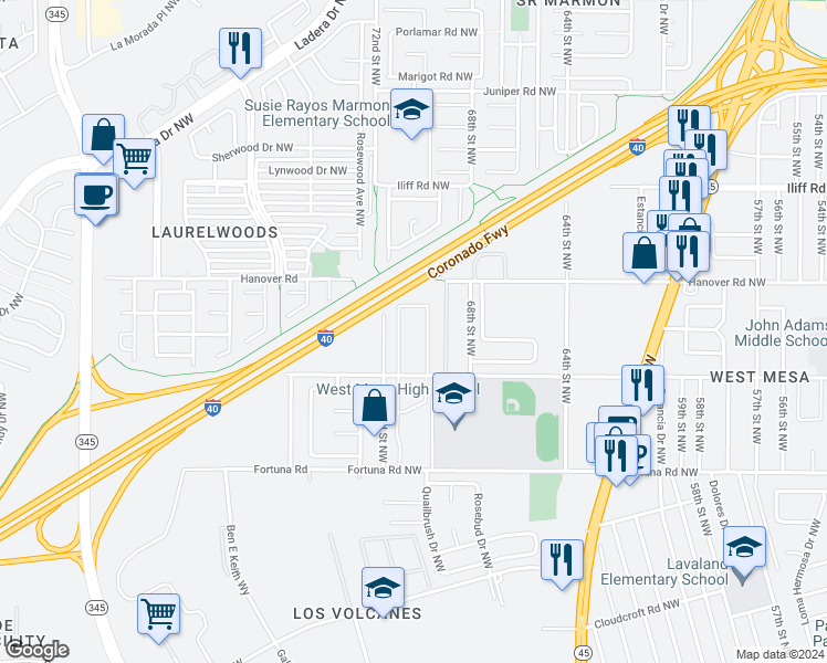 map of restaurants, bars, coffee shops, grocery stores, and more near 1008 72nd Street Northwest in Albuquerque