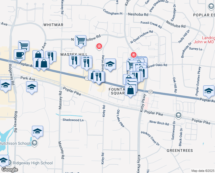 map of restaurants, bars, coffee shops, grocery stores, and more near 1859 Poplar Pines Drive in Memphis