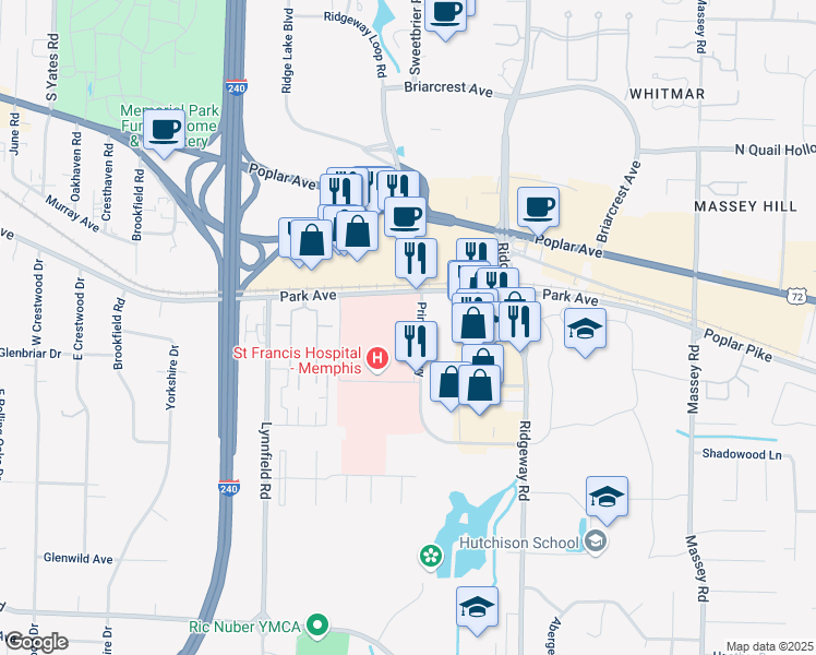 map of restaurants, bars, coffee shops, grocery stores, and more near 5959 Park Avenue in Memphis