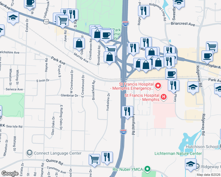 map of restaurants, bars, coffee shops, grocery stores, and more near 1216 Yorkshire Drive in Memphis