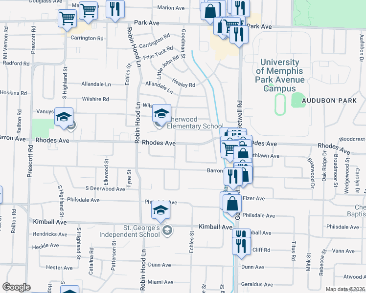 map of restaurants, bars, coffee shops, grocery stores, and more near 1214 West Goodman Circle in Memphis