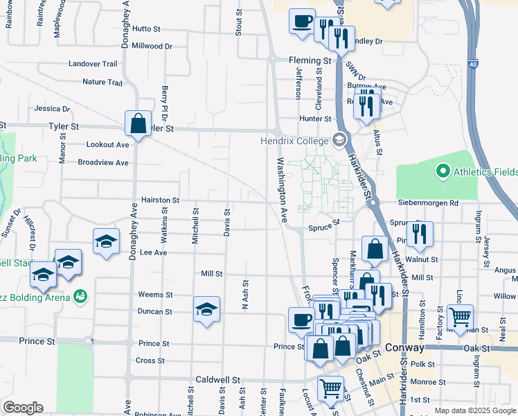 map of restaurants, bars, coffee shops, grocery stores, and more near 1408 Clifton Street in Conway