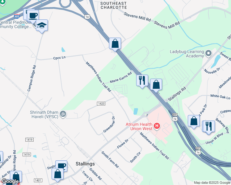 map of restaurants, bars, coffee shops, grocery stores, and more near 2933 Matthews-Indian Trail Road in Matthews