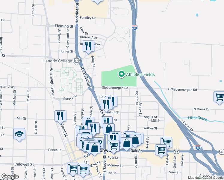 map of restaurants, bars, coffee shops, grocery stores, and more near 814 Spruce Street in Conway