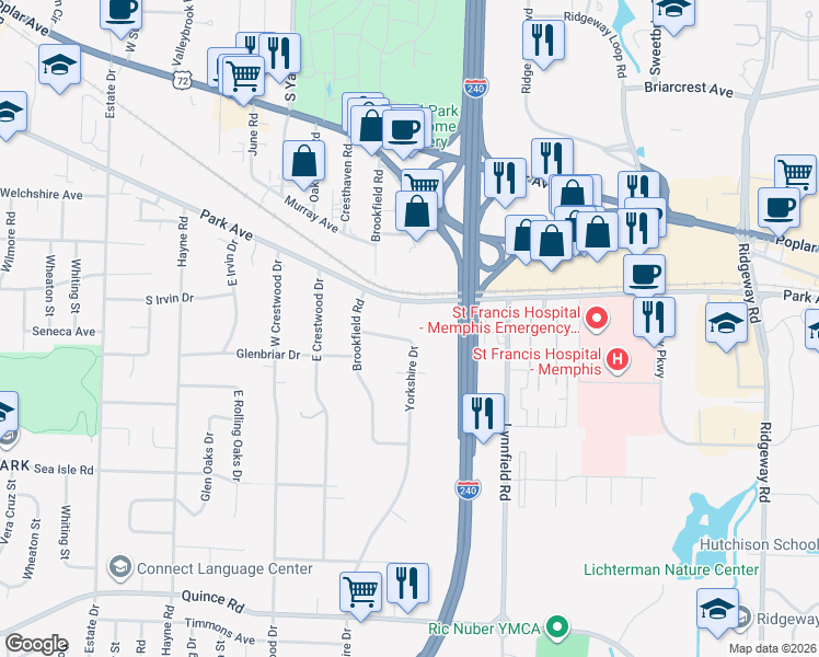 map of restaurants, bars, coffee shops, grocery stores, and more near 1216 Yorkshire Drive in Memphis