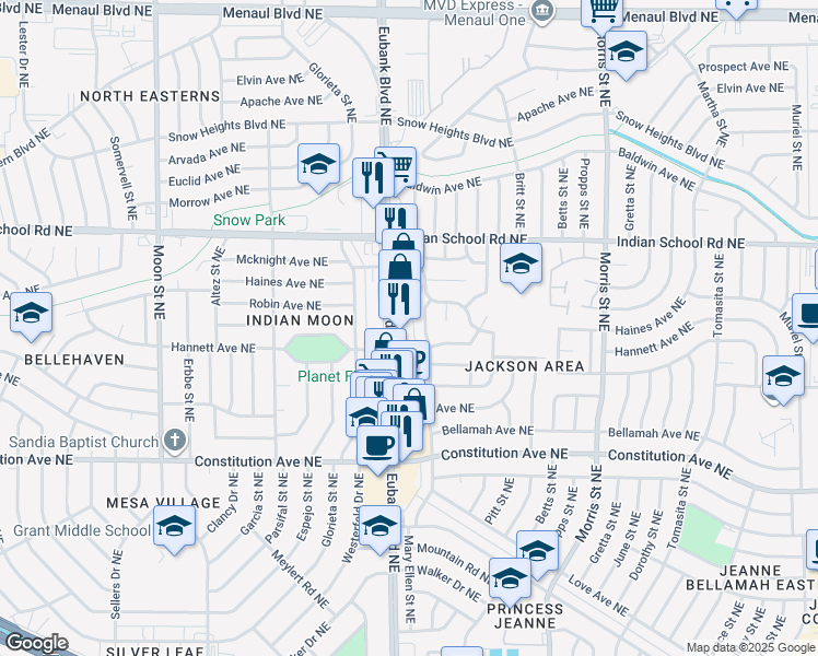 map of restaurants, bars, coffee shops, grocery stores, and more near 1613 Mary Ellen Street in Albuquerque