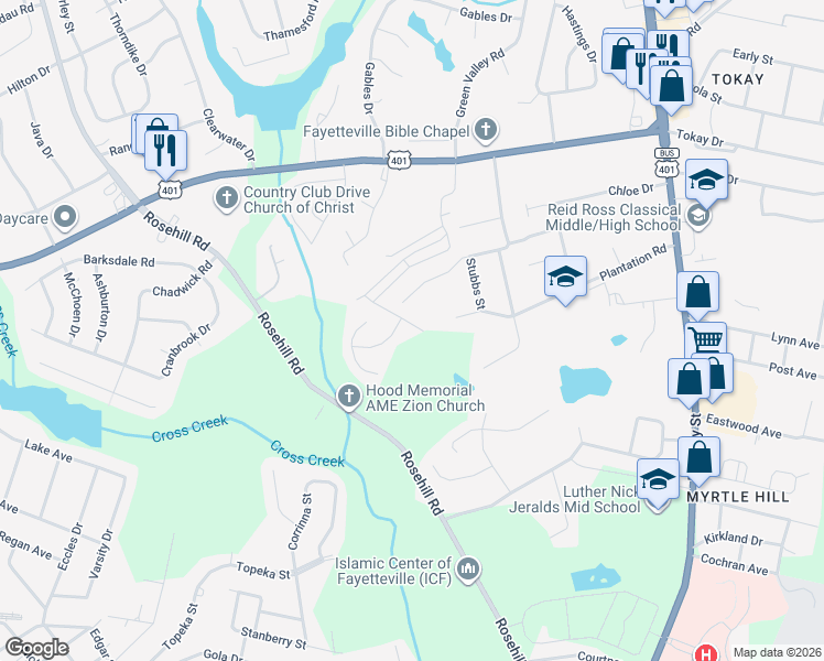 map of restaurants, bars, coffee shops, grocery stores, and more near 1655 Rock Creek Lane in Fayetteville