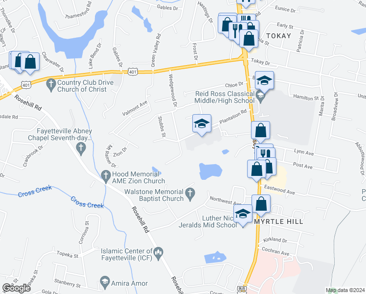 map of restaurants, bars, coffee shops, grocery stores, and more near 3032 Wedgewood Drive in Fayetteville