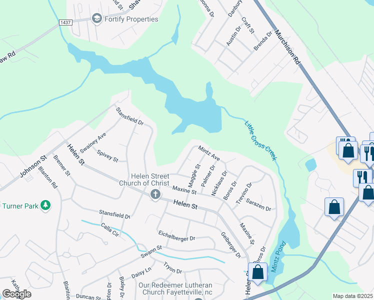 map of restaurants, bars, coffee shops, grocery stores, and more near 1525 Mintz Avenue in Fayetteville