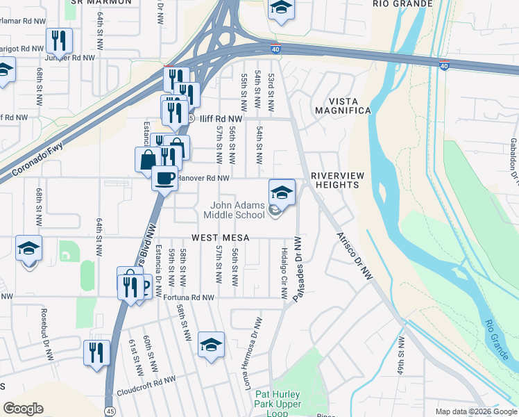 map of restaurants, bars, coffee shops, grocery stores, and more near 5401 Glenrio Road Northwest in Albuquerque