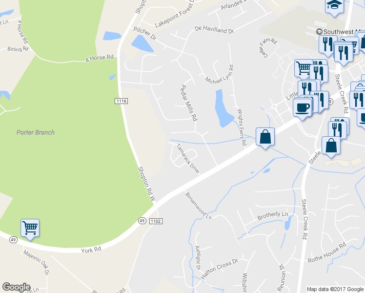map of restaurants, bars, coffee shops, grocery stores, and more near 14246 Tamarack Drive in Charlotte