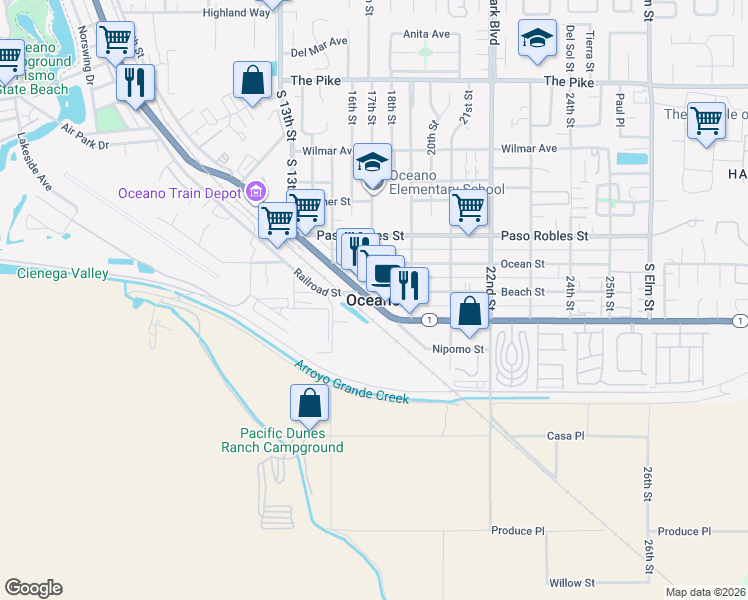 map of restaurants, bars, coffee shops, grocery stores, and more near 1515 Ocean Street in Oceano