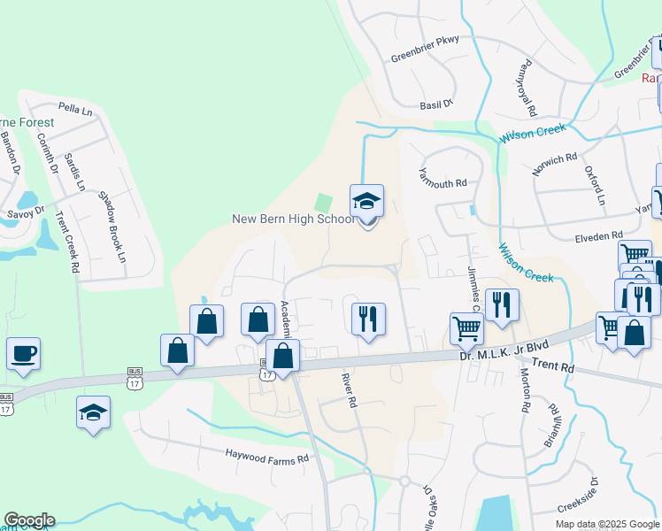 map of restaurants, bars, coffee shops, grocery stores, and more near Academic Drive in New Bern