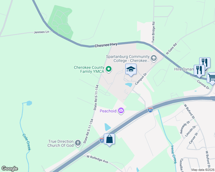 map of restaurants, bars, coffee shops, grocery stores, and more near 356 State Road S-11-154 in Gaffney