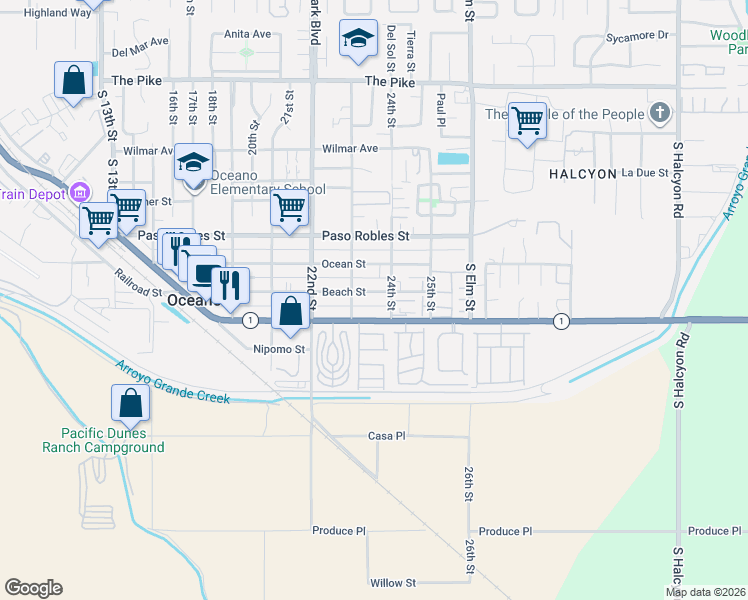 map of restaurants, bars, coffee shops, grocery stores, and more near 2356 Beach Street in Oceano