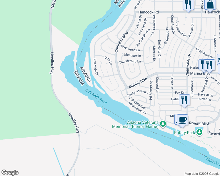 map of restaurants, bars, coffee shops, grocery stores, and more near 2398 Castle Rock Circle in Bullhead City