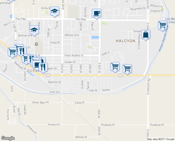 map of restaurants, bars, coffee shops, grocery stores, and more near 1918 La Tijera Court in Oceano