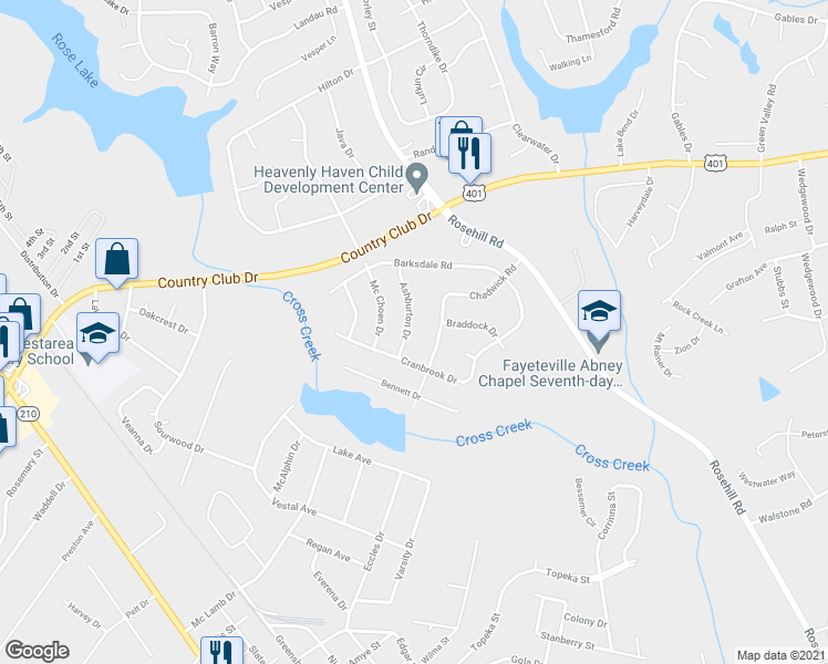 map of restaurants, bars, coffee shops, grocery stores, and more near 733 Ashburton Drive in Fayetteville