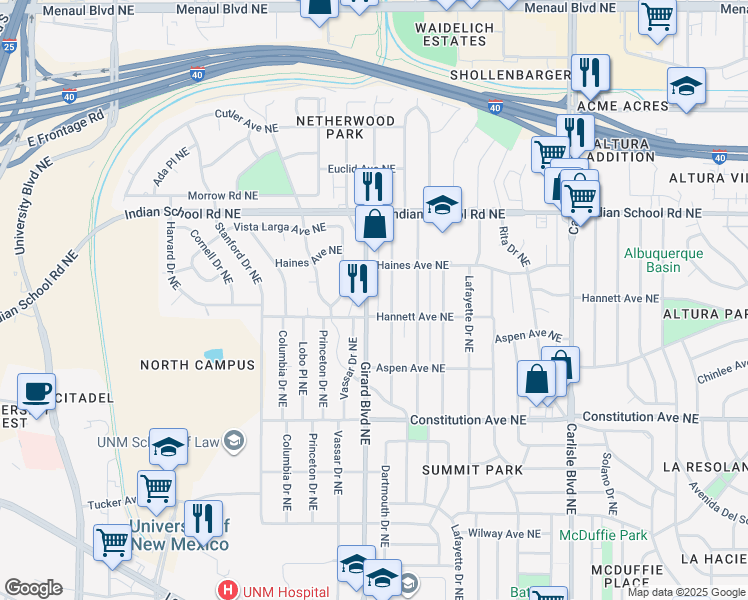 map of restaurants, bars, coffee shops, grocery stores, and more near 1401 Dartmouth Drive Northeast in Albuquerque