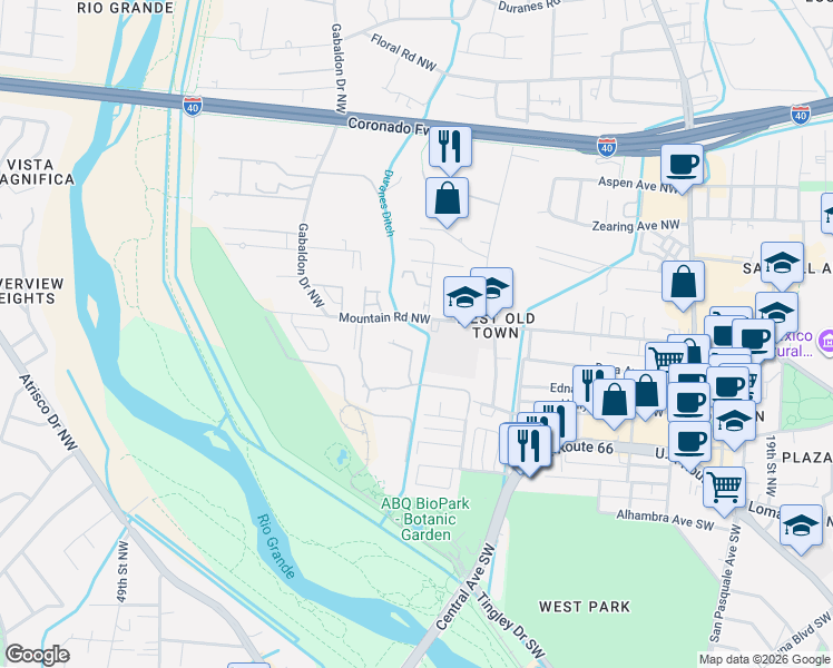map of restaurants, bars, coffee shops, grocery stores, and more near 400 Cilantro Lane Northwest in Albuquerque