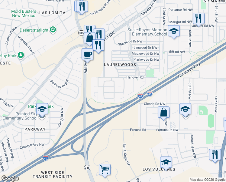 map of restaurants, bars, coffee shops, grocery stores, and more near 7816 Baybrook Road Northwest in Albuquerque