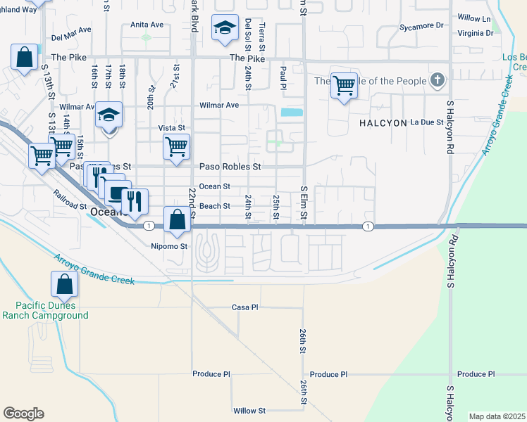 map of restaurants, bars, coffee shops, grocery stores, and more near 2465 La Brea Court in Oceano