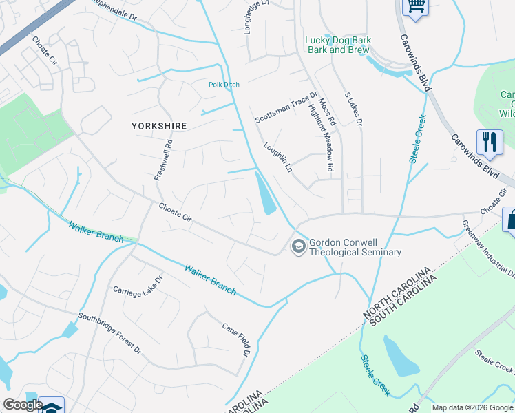 map of restaurants, bars, coffee shops, grocery stores, and more near 14405 Widgeon Court in Charlotte