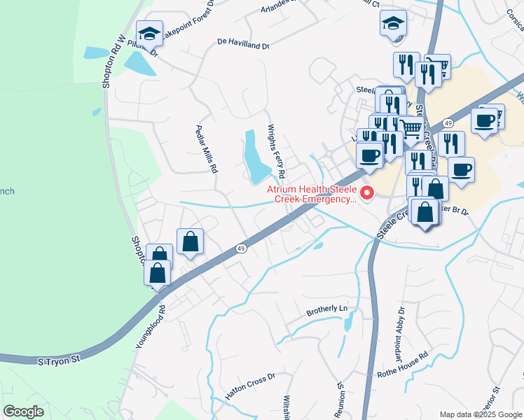 map of restaurants, bars, coffee shops, grocery stores, and more near 13600 South Tryon Street in Charlotte