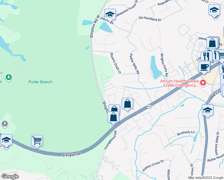 map of restaurants, bars, coffee shops, grocery stores, and more near 16051-16481 Shopton Road West in Charlotte