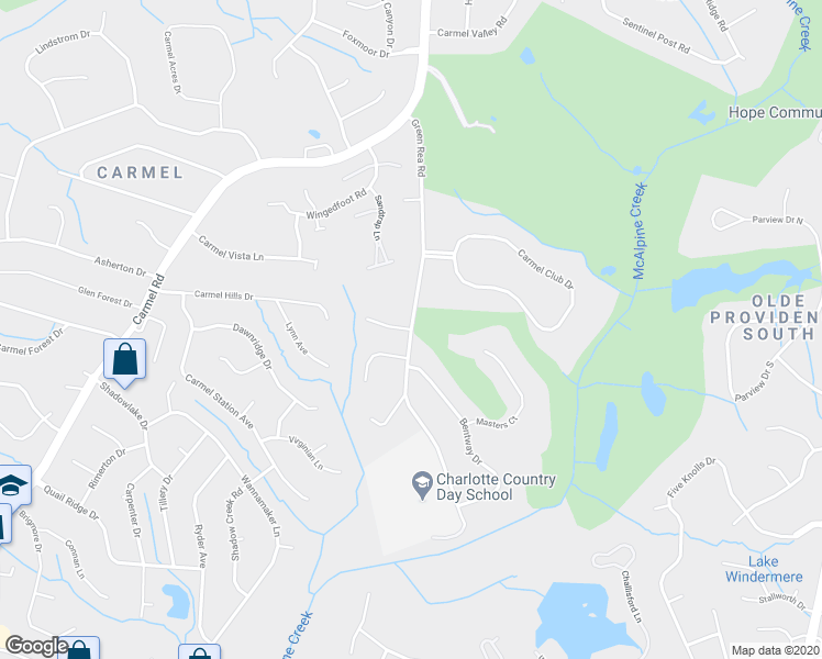 map of restaurants, bars, coffee shops, grocery stores, and more near Green Rea Rd & Forest Hills Dr in Charlotte