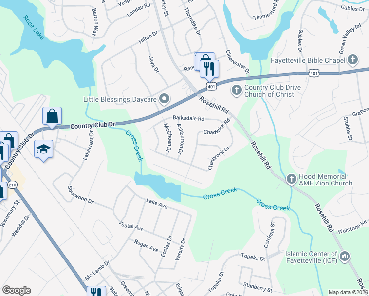 map of restaurants, bars, coffee shops, grocery stores, and more near 737 Ashburton Drive in Fayetteville