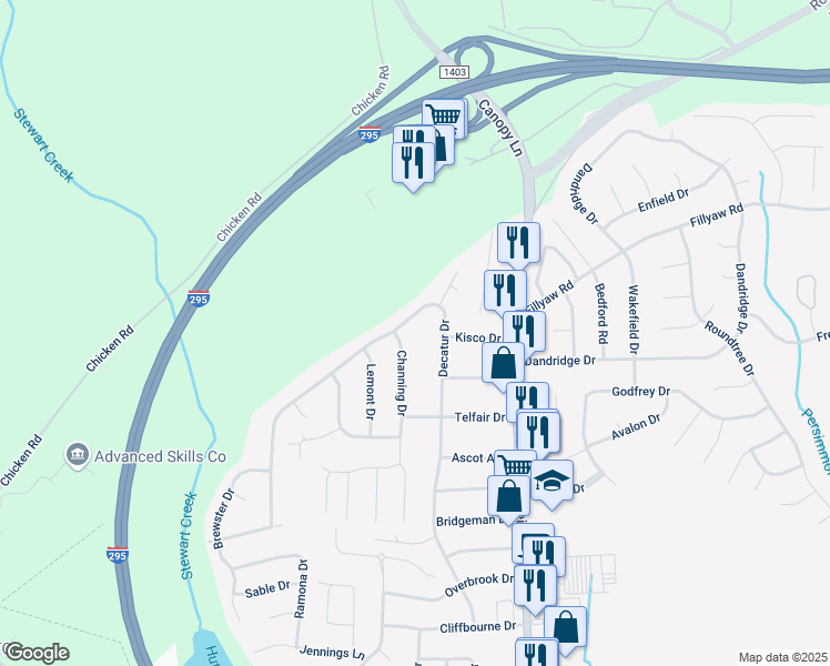 map of restaurants, bars, coffee shops, grocery stores, and more near 296 Channing Drive in Fayetteville