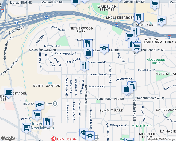 map of restaurants, bars, coffee shops, grocery stores, and more near 1410 Girard Boulevard Northeast in Albuquerque