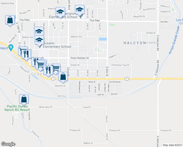 map of restaurants, bars, coffee shops, grocery stores, and more near 2440 Beach Street in Oceano