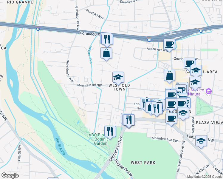 map of restaurants, bars, coffee shops, grocery stores, and more near 2700 Mountain Road Northwest in Albuquerque