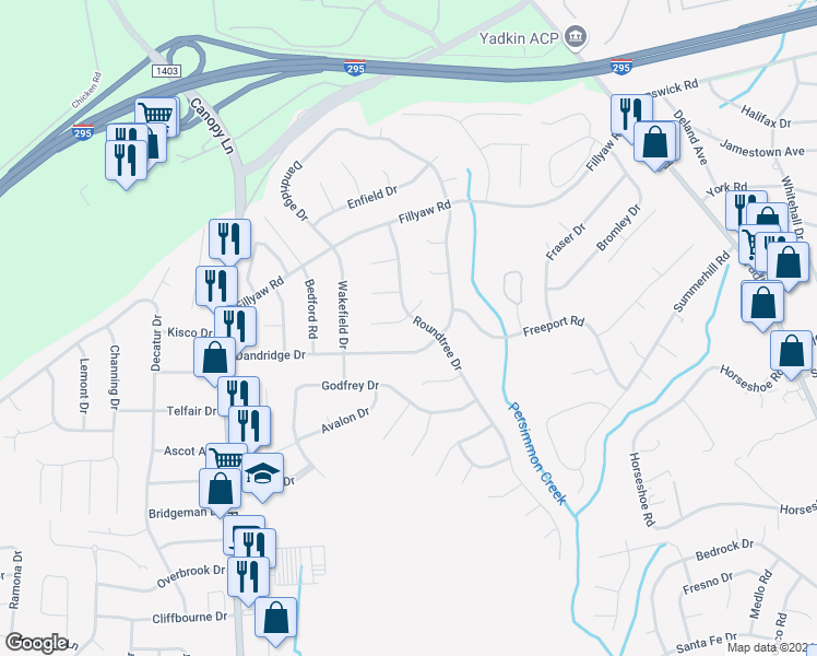 map of restaurants, bars, coffee shops, grocery stores, and more near 7125 Ashwood Circle in Fayetteville