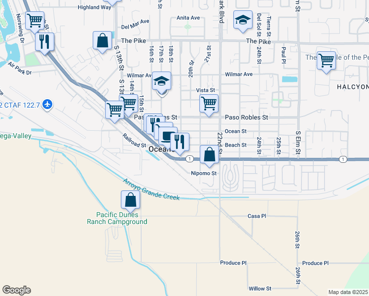 map of restaurants, bars, coffee shops, grocery stores, and more near 1920 Beach Street in Oceano
