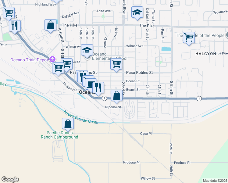 map of restaurants, bars, coffee shops, grocery stores, and more near in Oceano