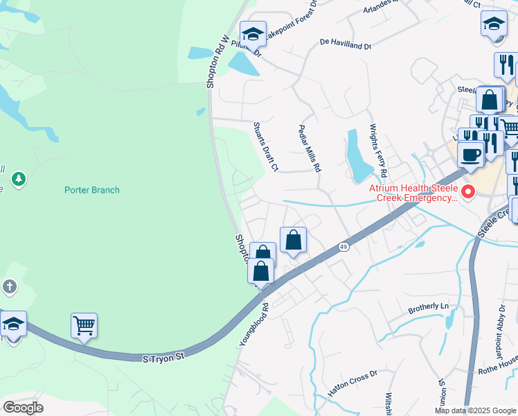 map of restaurants, bars, coffee shops, grocery stores, and more near 16051-16481 Shopton Road West in Charlotte