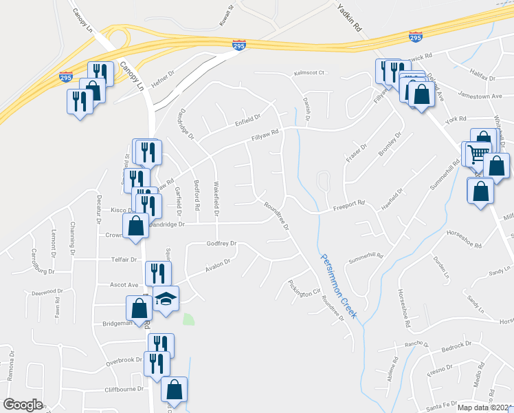 map of restaurants, bars, coffee shops, grocery stores, and more near 7125 Ashwood Circle in Fayetteville
