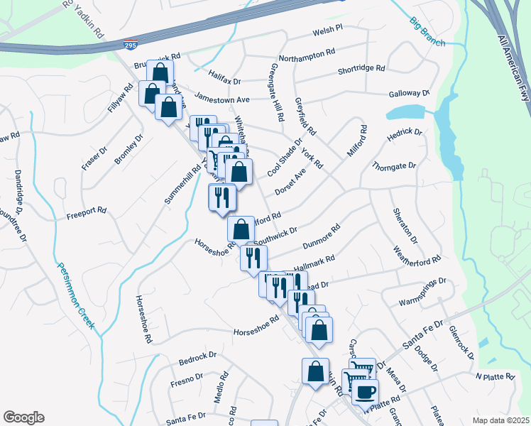 map of restaurants, bars, coffee shops, grocery stores, and more near 6219 Milford Road in Fayetteville