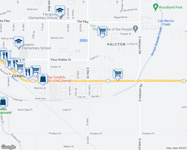 map of restaurants, bars, coffee shops, grocery stores, and more near 1935 Casitas Lane in Oceano