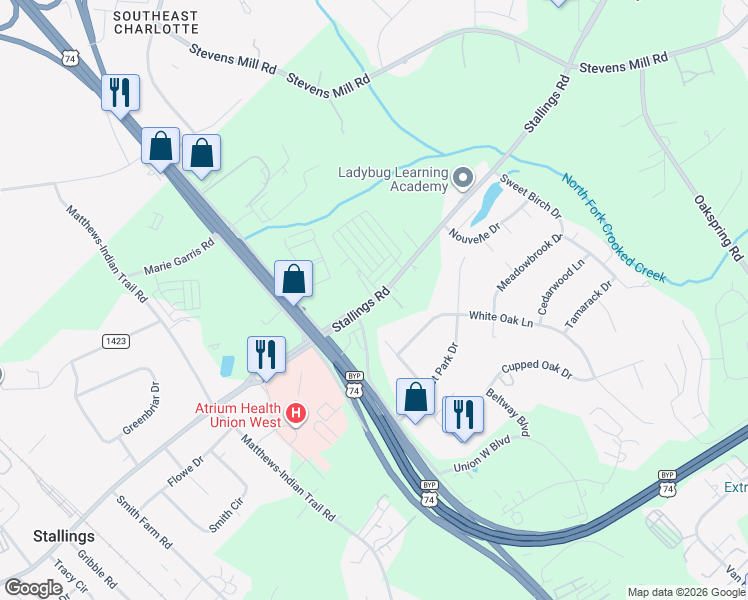 map of restaurants, bars, coffee shops, grocery stores, and more near 1933 Stallings Road in Stallings