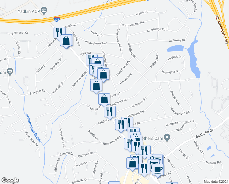 map of restaurants, bars, coffee shops, grocery stores, and more near 6219 Milford Road in Fayetteville