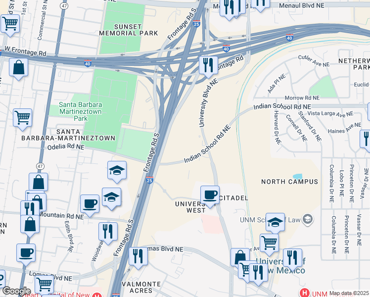 map of restaurants, bars, coffee shops, grocery stores, and more near 1501 Indian School Road Northeast in Albuquerque