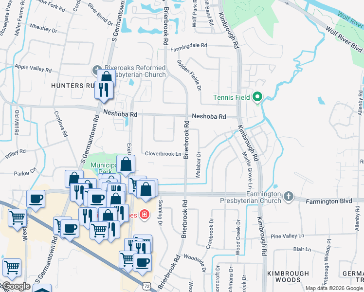 map of restaurants, bars, coffee shops, grocery stores, and more near 1847 Brierbrook Road in Germantown